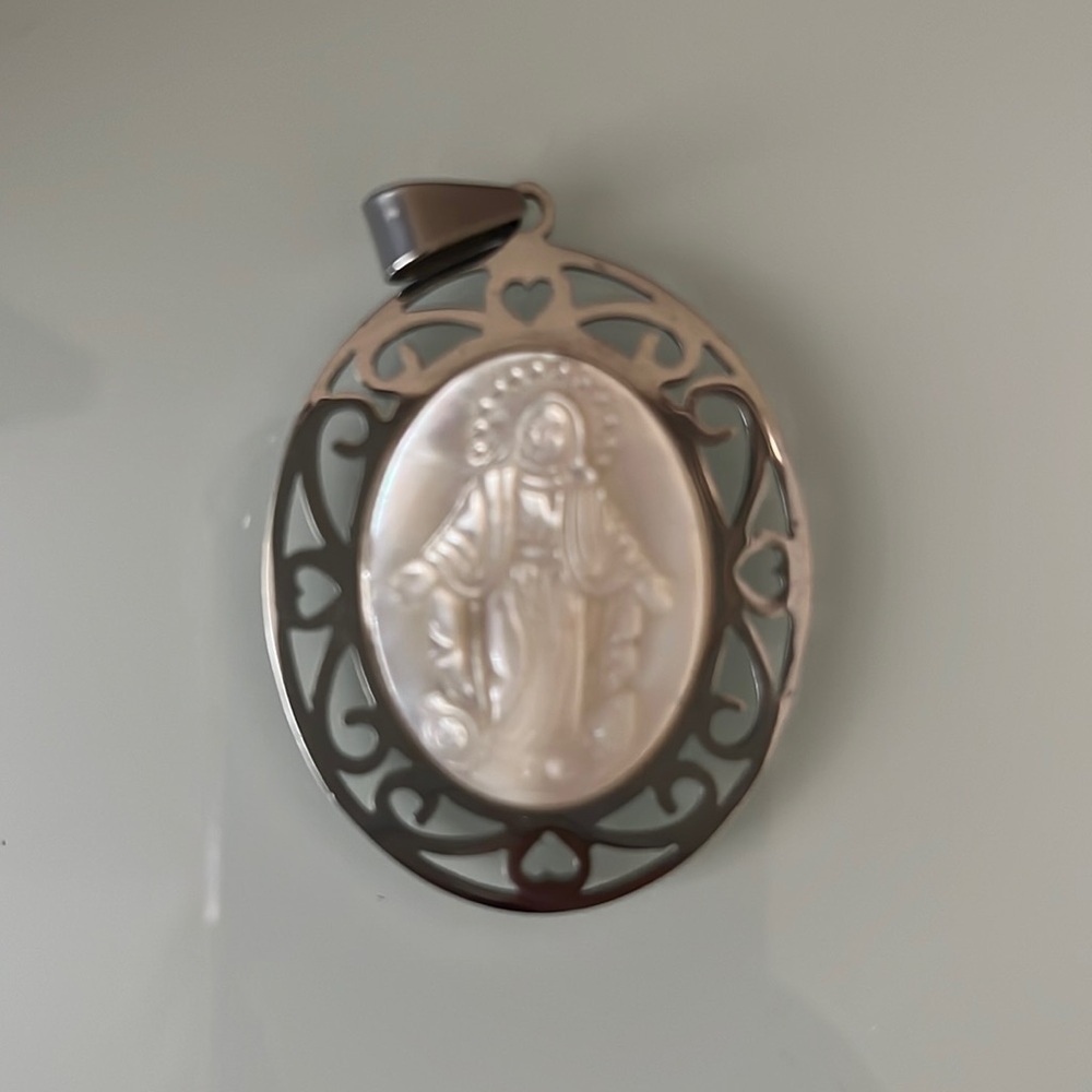 Miraculous Medal Pendant Mother of Pearl Virgin Mary Charm